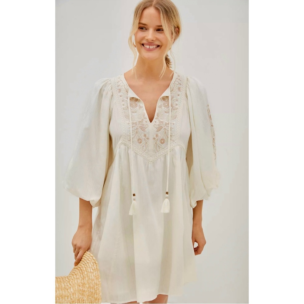 Anthropologie Viveka Embroidered Lace Puff Sleeve Mini Dress In Ivory White NWT - Picture 2 of 13